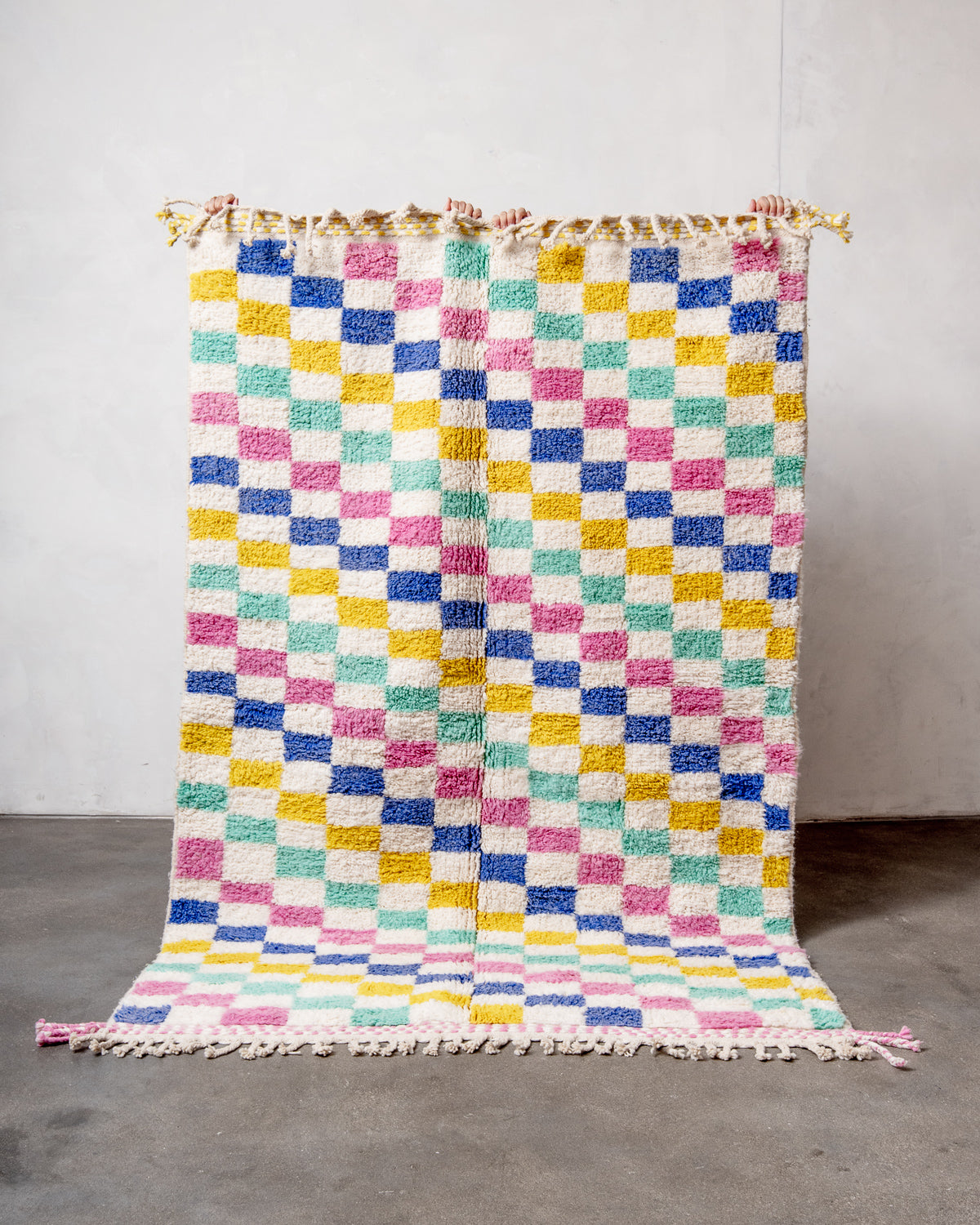 Modern, designer, handcrafted Berber rug from Morocco. Beniourain carpet with beautiful colours and patterns and fluffy wool texture.